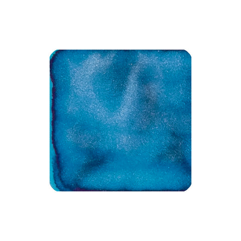 Blue Lightning (Shimmer) - 50ml fountain pen ink by Diamine, showcasing a textured aqua-to-turquoise color wash with indigo edges and shimmering granulation.