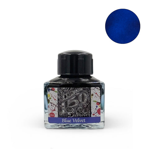 Diamine Blue Velvet (150th Anniversary) fountain pen ink, 40ml triangular bottle, showcased with a deep blue swatch, perfect for vintage pens and conscientious writing.