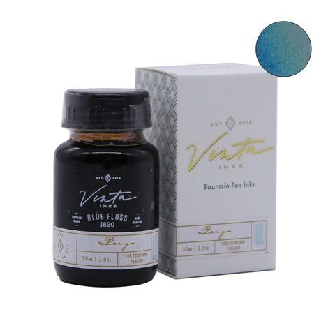 Vinta Inks Blue Floss (Perya 1820) 30ml bottle with matching box and a blue-green gradient ink swatch in the corner.