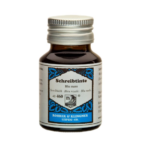 Blu Mare - 50ml glass bottle of Rohrer &amp; Klingner fountain-pen ink, labeled Schreibtinte Blu mare, showcasing its handcrafted heritage from Leipzig, Germany.