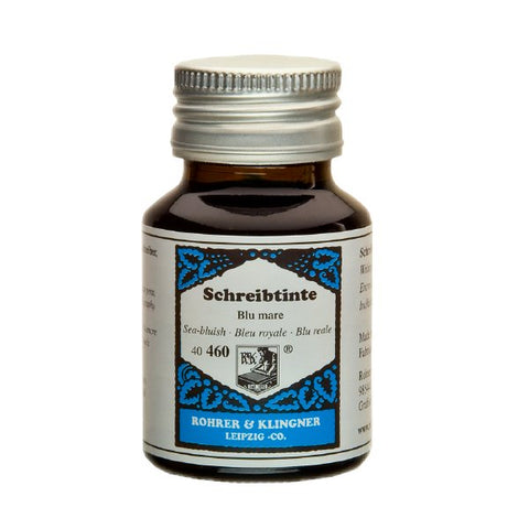 Blu Mare - 50ml glass bottle of Rohrer & Klingner fountain-pen ink, labeled Schreibtinte Blu mare, showcasing its handcrafted heritage from Leipzig, Germany.