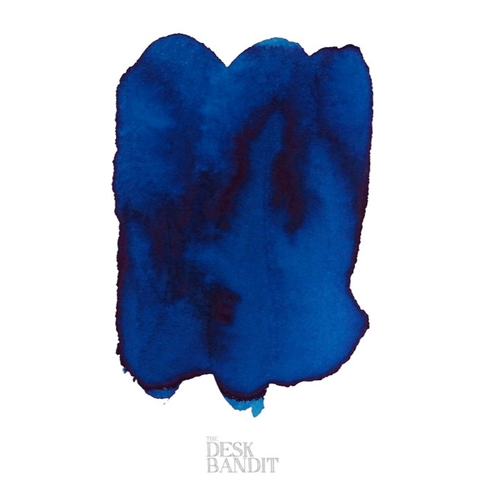Deep blue ink swatch on white background, faint THE DESK BANDIT watermark; Robert Oster Bondi Blue - 50ml fountain pen ink, dye-based.