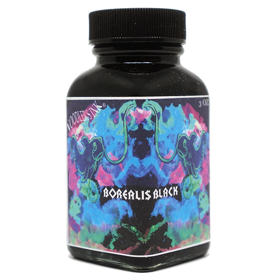 Noodler's Borealis Black - 88ml, a 3-ounce glass bottle of dark black fountain-pen ink, features a colorful label and offers water-resistant properties.