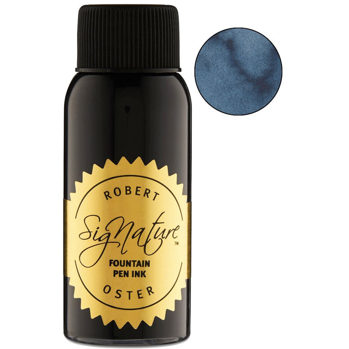 Robert Oster “Signature” fountain-pen ink, Great Southern Ocean - 50ml, in a black glass bottle with gold label, ribbed cap, and blue-gray ink swatch.