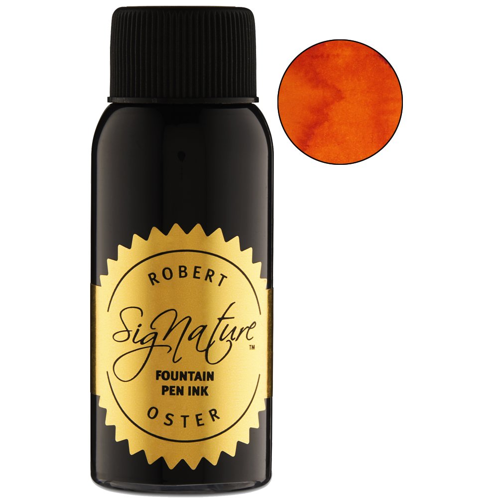 NG Special '16 - 50ml, Robert Oster Signature fountain-pen ink in an elegant black glass bottle with a gold seal, featuring orange-toned ink.