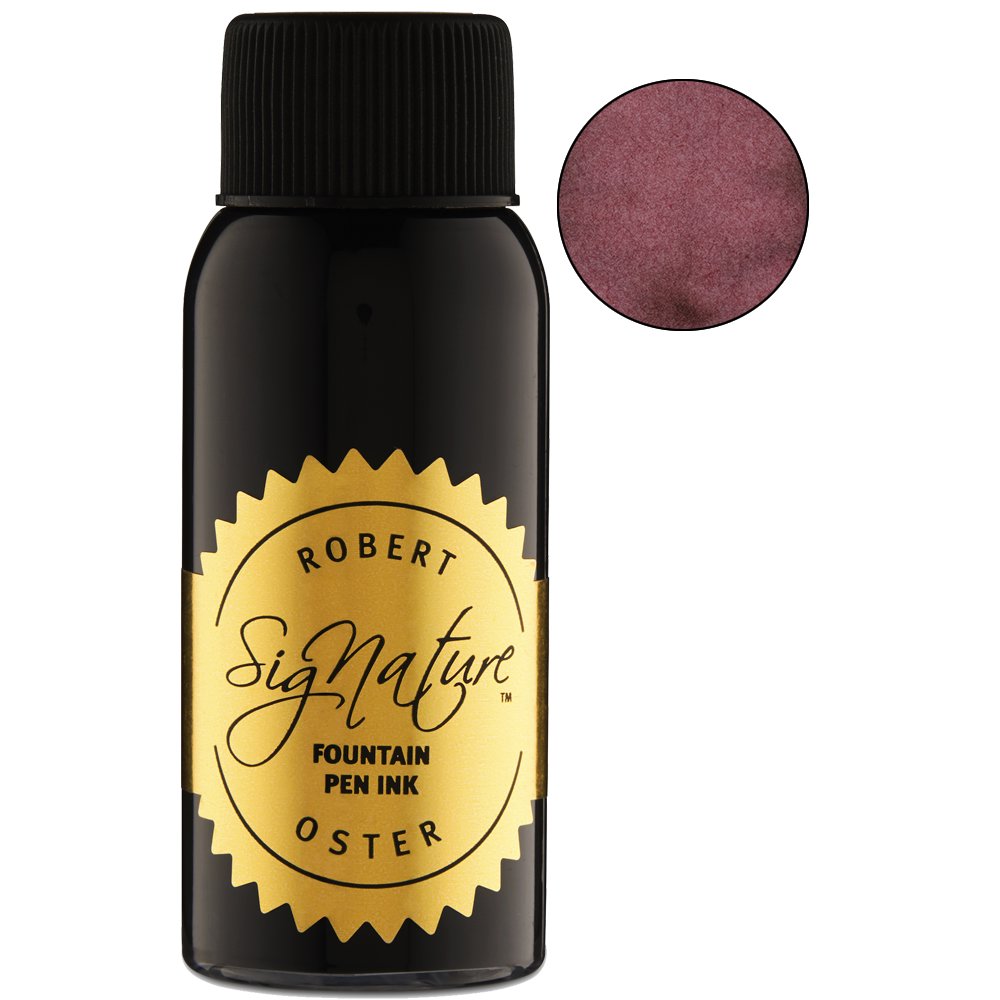 Astorquiza Rot - 50ml bottle of Robert Oster Signature fountain-pen ink, featuring a reddish-brown swatch beside the sleek black glass container.