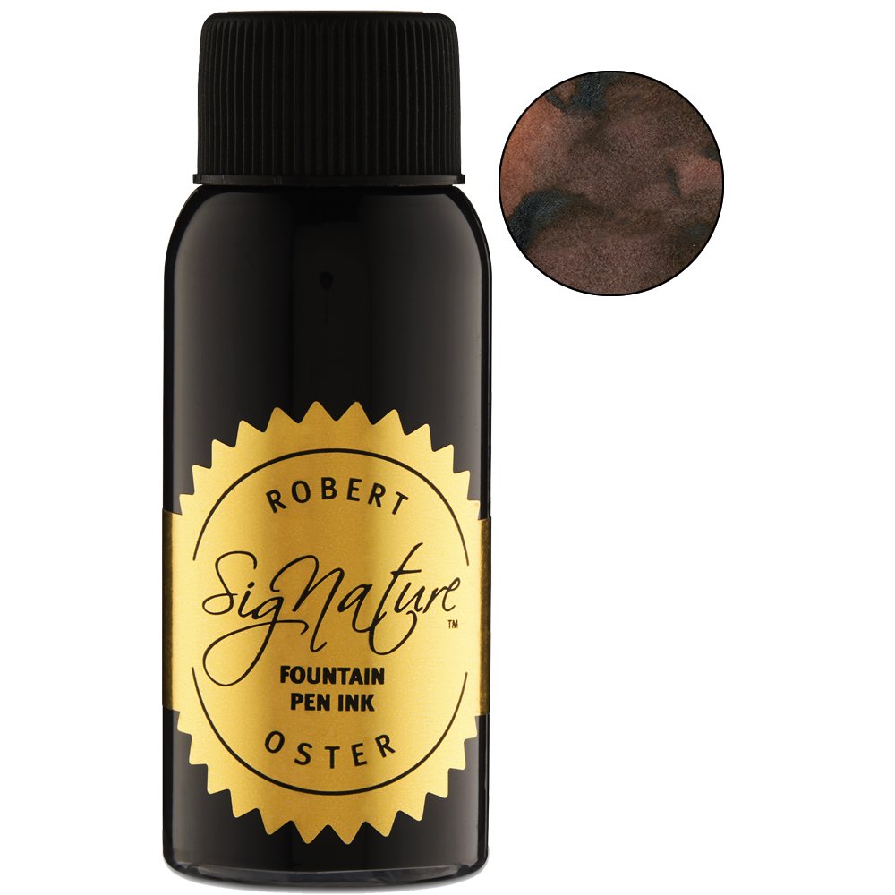 Robert Oster Signature fountain-pen ink in Aussie Brown, 50ml bottle, features a ribbed black cap and a gold-foil label, displaying its unique color swatch.