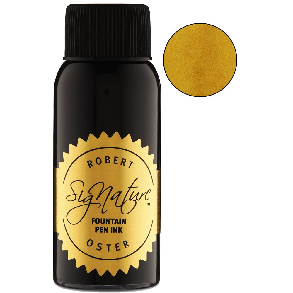 Aussie Gold - 50ml fountain pen ink by Robert Oster, displayed with its black bottle featuring a gold label and a circular yellow-gold ink swatch.