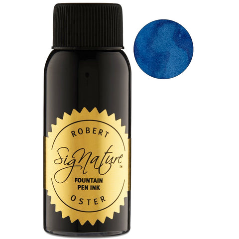 Robert Oster Signature Ink - Australian Opal Blue, 50ml bottle, shown with a blue ink swatch, emphasizing sustainable, vibrant performance for fountain pen use.