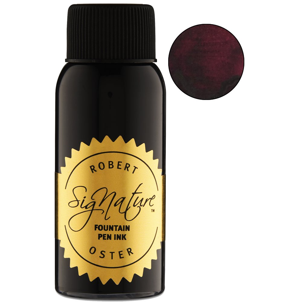 Bottle of Robert Oster “Signature” fountain-pen ink, Australian Syrah - 50ml, with a gold label and a circular swatch of deep burgundy/red ink.