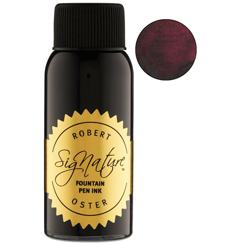 Bottle of Robert Oster “Signature” fountain-pen ink, Australian Syrah - 50ml, with a gold label and a circular swatch of deep burgundy/red ink.