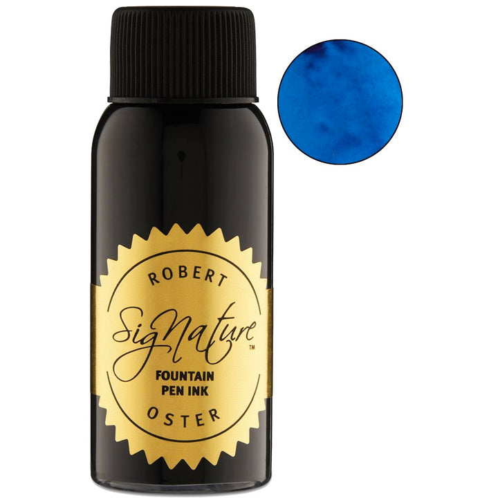 Robert Oster Signature fountain pen ink bottle, Australian Sky Blue - 50ml, with a bright blue ink swatch, featuring a gold label.