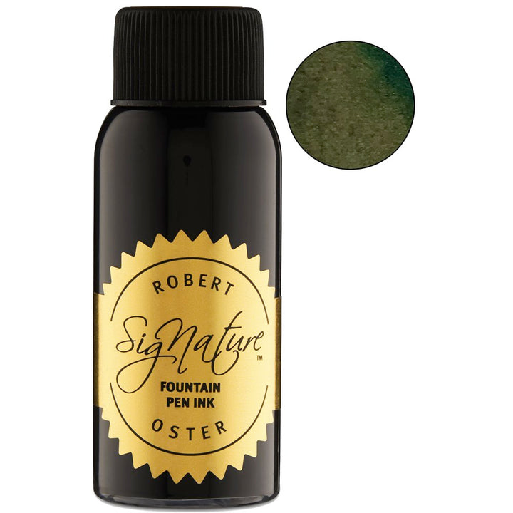 Robert Oster Signature ink bottle labeled Avocado - 50ml with a gold label, featuring a swatch of the ink color on the black plastic bottle.