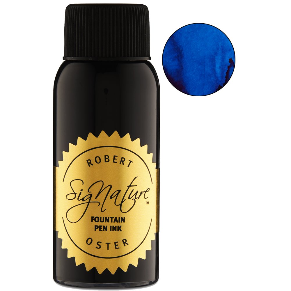 Blue Lagoon - 50ml Robert Oster ink in a sleek black-and-gold bottle, shown with a vibrant blue swatch, inspired by South Australia's palette.