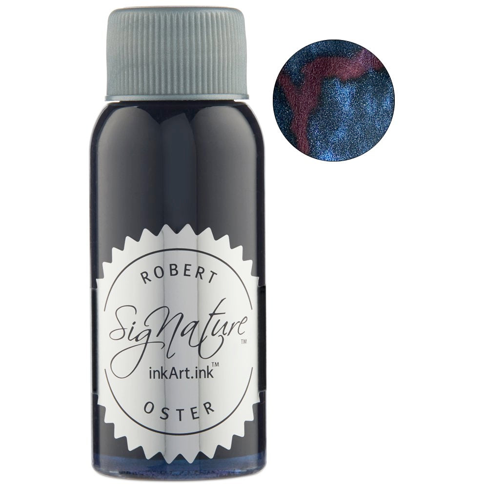 Blue Velvet Storm (Shake 'N' Shimmy) - 50ml bottle of shimmering Robert Oster ink with a close-up swatch showing its unique sheen.