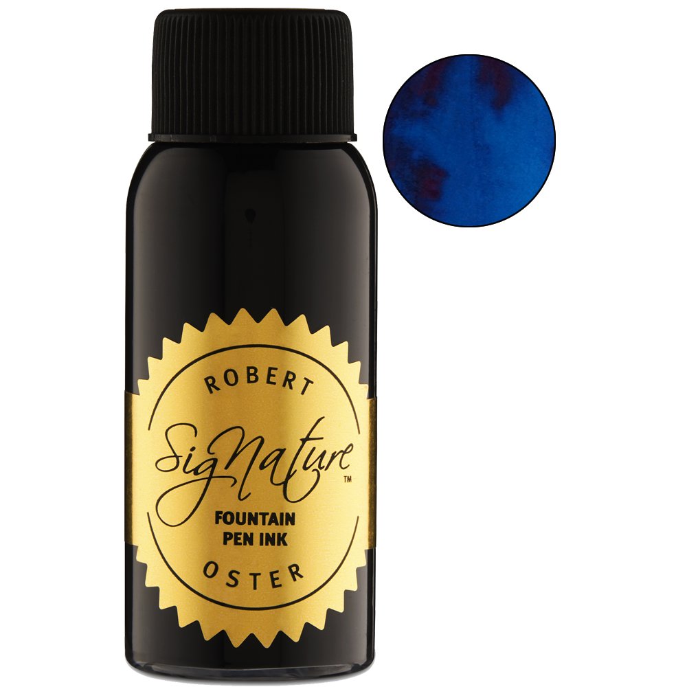 Robert Oster Bondi Blue fountain-pen ink, 50ml bottle, features a gold-foil label. Includes a vibrant blue ink swatch with darker sheen hints.