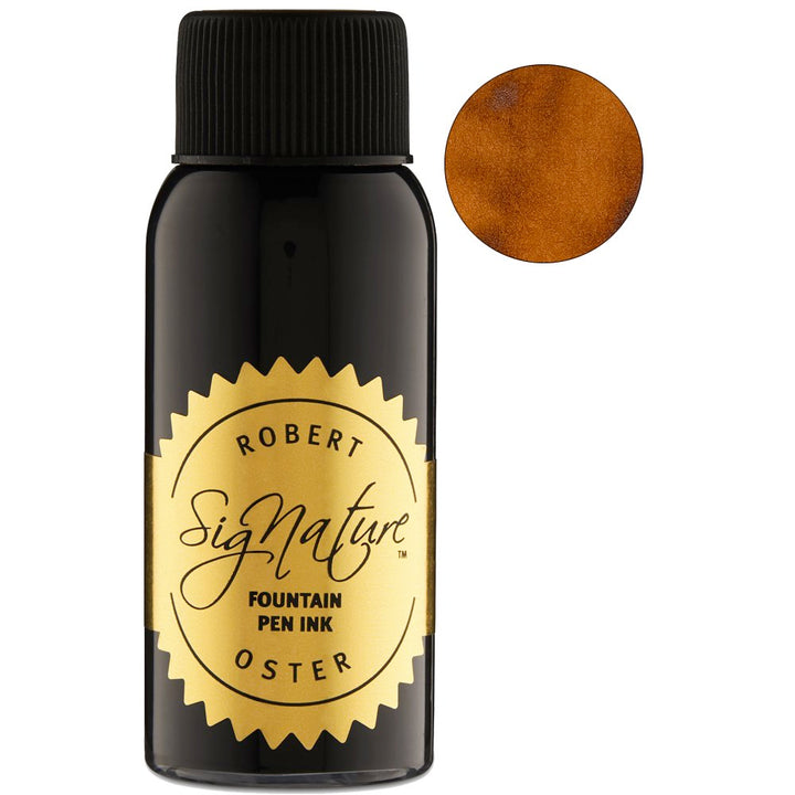 Burned Orange - 50ml Robert Oster Signature fountain-pen ink bottle beside a swatch of its coppery-brown hue, inspired by South Australia's natural palette.