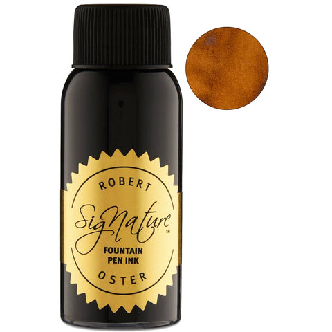 Burned Orange - 50ml Robert Oster Signature fountain-pen ink bottle beside a swatch of its coppery-brown hue, inspired by South Australia's natural palette.