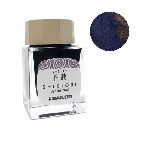 Shikiori Chushu - 20ml bottle of Sailor ink, showcasing a seasonal Mid-Autumn design with Japanese and English labels, featuring a subtle bronze sheen.
