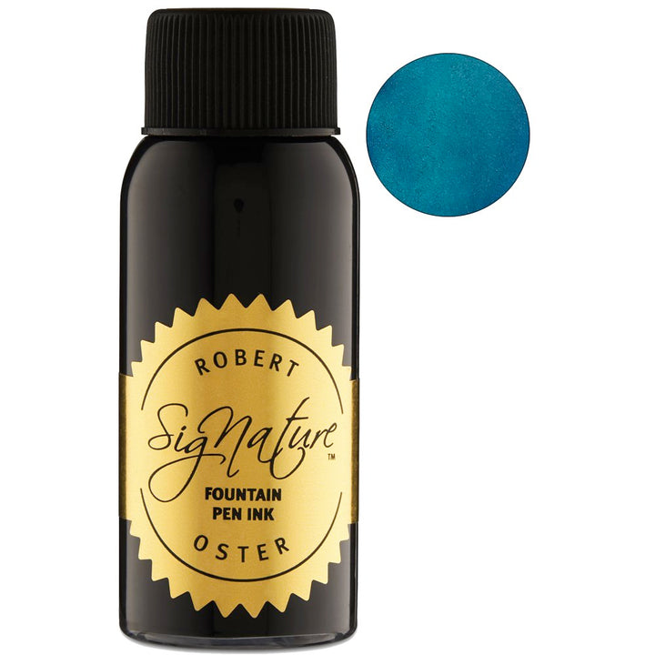 Clearwater Rain - 2ml bottle of Robert Oster Signature fountain-pen ink, showcased with a swatch demonstrating its teal/blue-green hue.