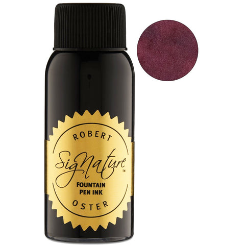 Dusky Pink - 50ml Robert Oster Signature fountain-pen ink bottle with a black cap and gold label, alongside a circular swatch of deep burgundy/red-purple ink.