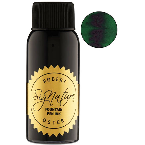 Robert Oster Signature Ever Green - 50ml fountain-pen ink bottle with an inset showing the green ink swatch featuring a purple sheen.