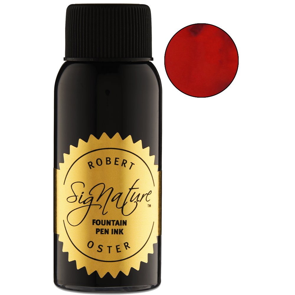 Robert Oster Signature Fountain Pen Ink in Fire Engine Red, 50ml bottle, features a gold label and a bright red ink swatch.