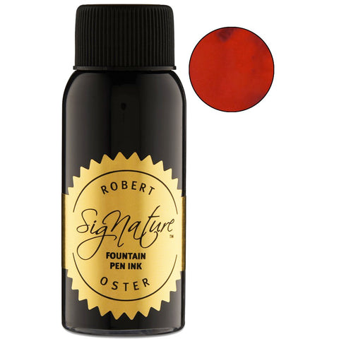 Robert Oster Signature Fountain Pen Ink in Fire Engine Red, 50ml bottle, features a gold label and a bright red ink swatch.