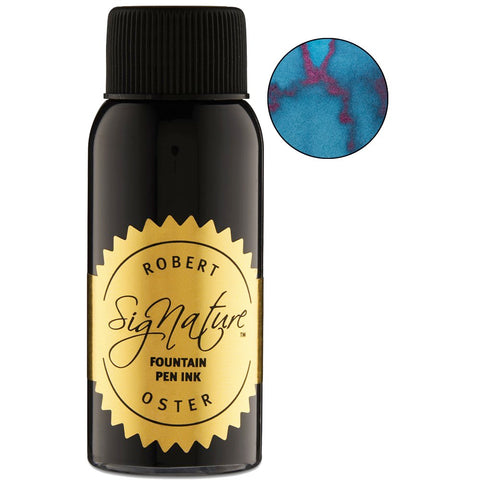 Robert Oster Signature Ink, Fire and Ice - 50ml bottle, with gold-foil label and a blue swatch featuring a pinkish sheen.