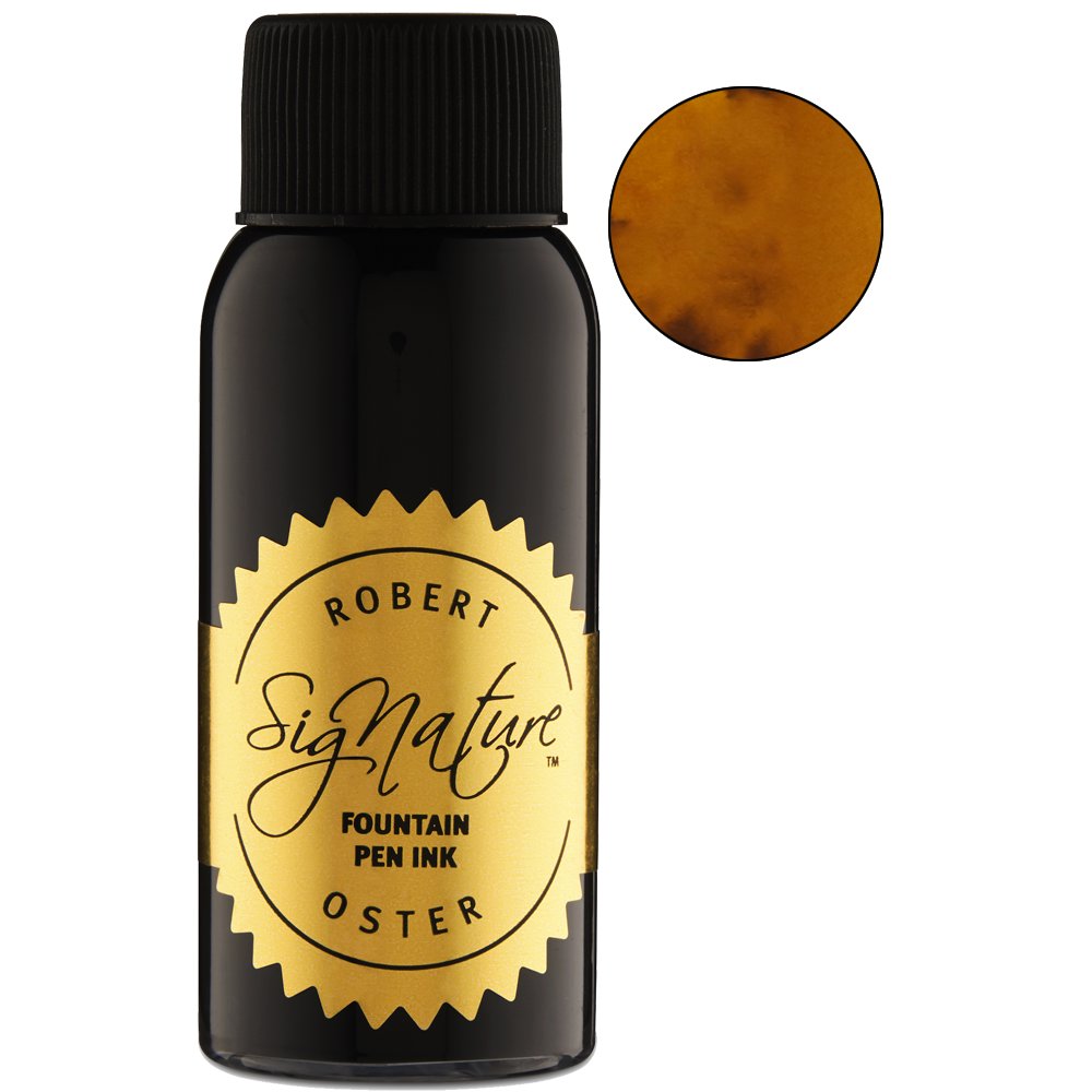 Robert Oster Signature Green Olive ink in a 50ml black glass bottle with gold-foil label, displaying a swatch of warm, golden-honey color.
