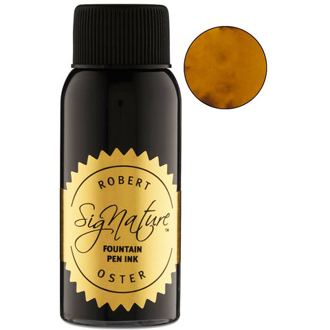Robert Oster Signature Green Olive ink in a 50ml black glass bottle with gold-foil label, displaying a swatch of warm, golden-honey color.