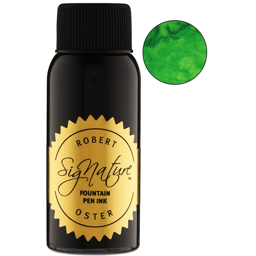 Bottle of Robert Oster Signature fountain-pen ink in Light Green - 50ml, displayed with a swatch illustrating its vibrant green hue.