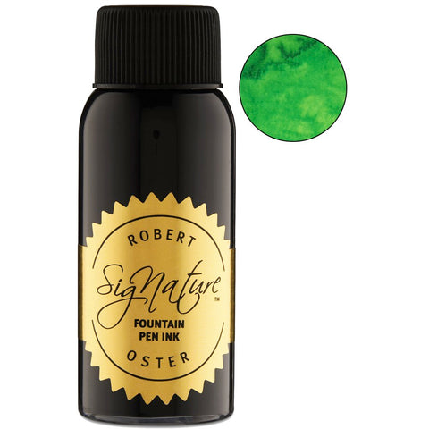 Bottle of Robert Oster Signature fountain-pen ink in Light Green - 50ml, displayed with a swatch illustrating its vibrant green hue.