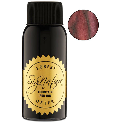 Lipstick Red - 50ml Robert Oster Signature fountain-pen ink in a black glass bottle with a gold-foil label and color swatch inset.