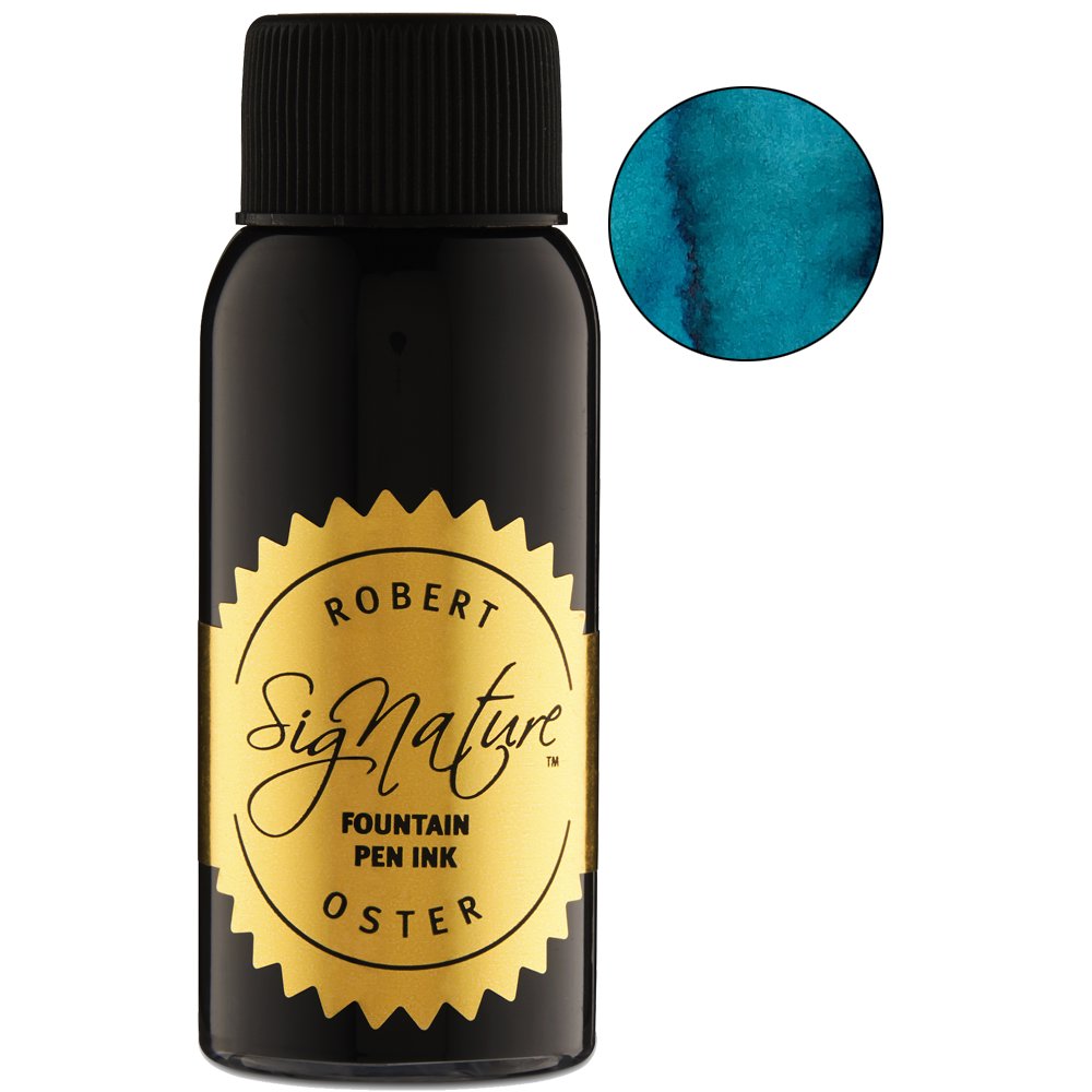 Robert Oster “Signature” Morning Mist - 50ml fountain-pen ink bottle with a gold label, displayed with a bright turquoise/teal swatch, dye-based and inspired by South Australia.