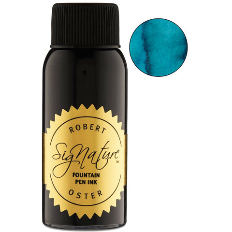 Robert Oster “Signature” Morning Mist - 50ml fountain-pen ink bottle with a gold label, displayed with a bright turquoise/teal swatch, dye-based and inspired by South Australia.