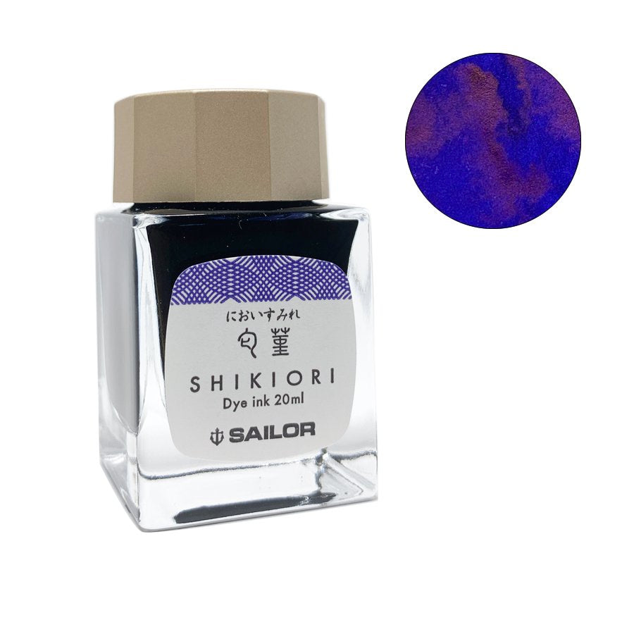 Shikiori Nioi-Sumire - 20ml glass bottle of Sailor's fountain-pen dye ink, featuring a violet-blue shade with a reddish sheen and Sailor anchor logo.
