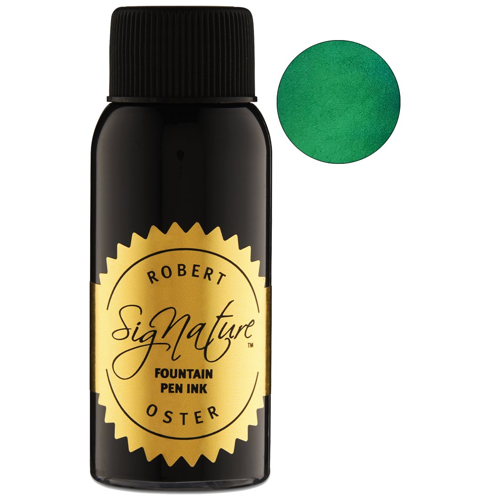 Robert Oster Opal Green - 2ml ink sample beside a black bottle with gold label, displaying a circular swatch of vivid green ink.