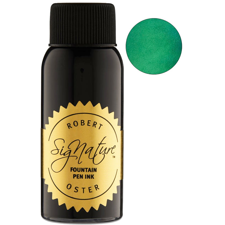 Robert Oster Opal Green - 2ml ink sample beside a black bottle with gold label, displaying a circular swatch of vivid green ink.