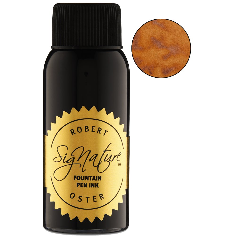 Robert Oster Signature Orange Rumble ink, 50ml glass bottle, features a shiny gold label and cap with a warm coppery-amber swatch displaying shading and sparkle.
