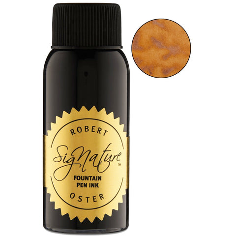 Robert Oster Signature Orange Rumble ink, 50ml glass bottle, features a shiny gold label and cap with a warm coppery-amber swatch displaying shading and sparkle.