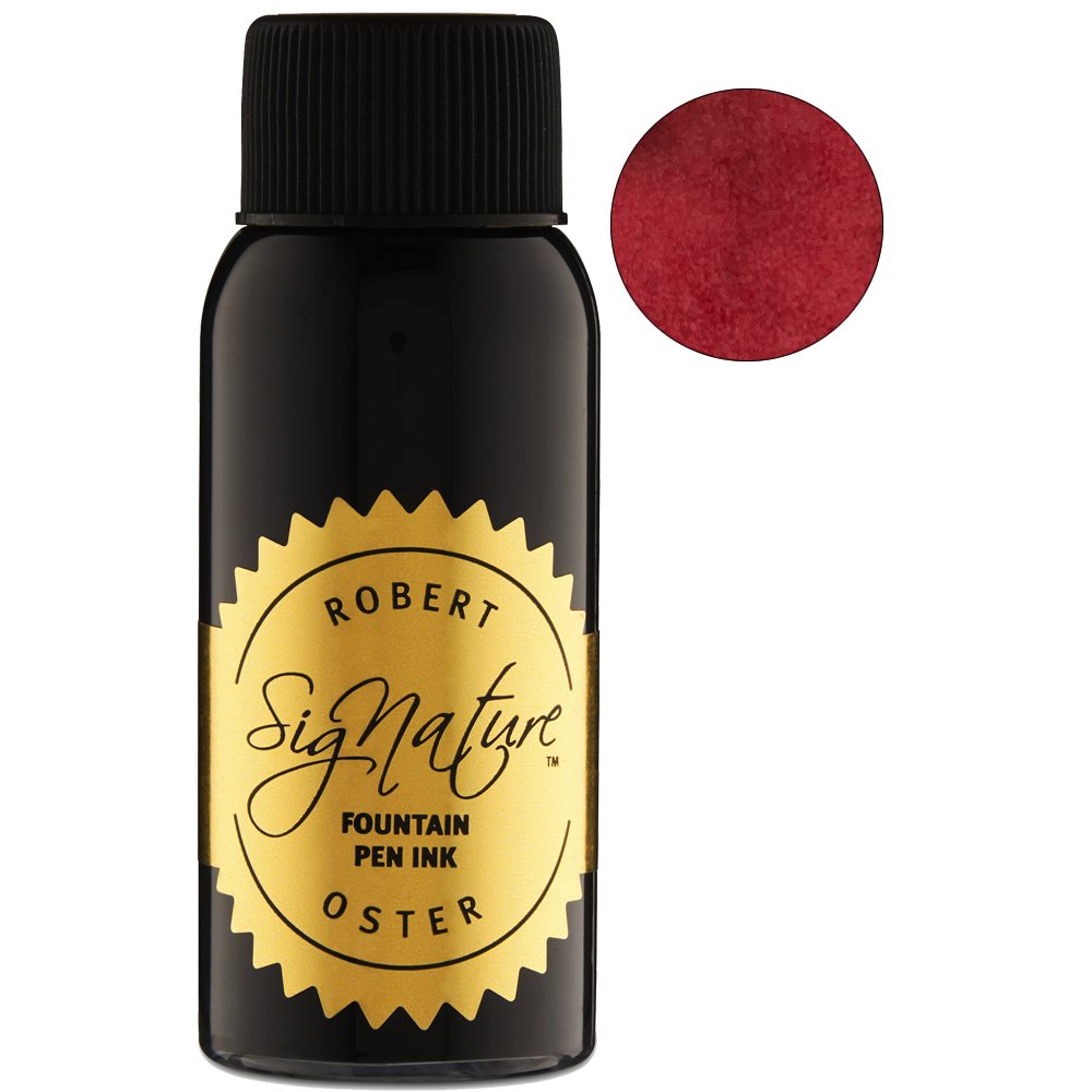 Robert Oster Red Candy - 50ml fountain pen ink in a black glass bottle with a gold label, plus a deep red ink swatch nearby.