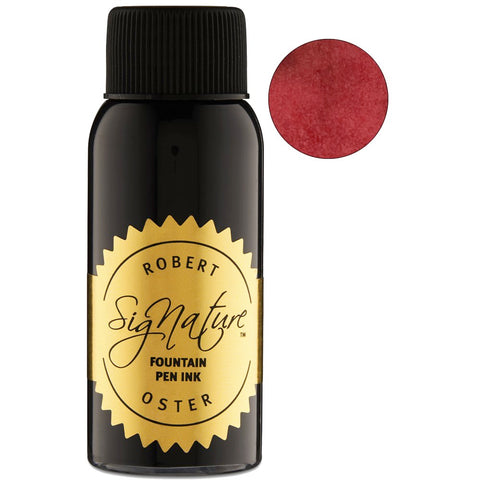 Robert Oster Red Candy - 50ml fountain pen ink in a black glass bottle with a gold label, plus a deep red ink swatch nearby.