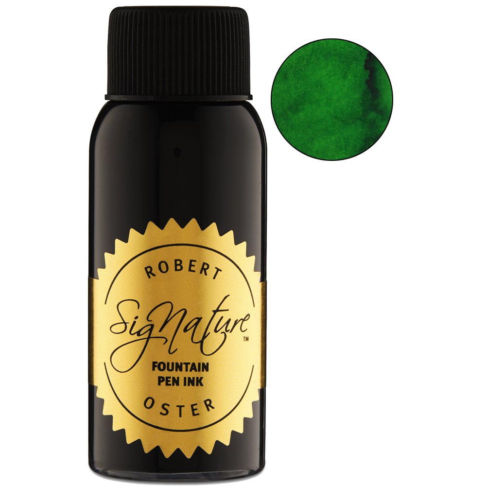 Ryde Green - 50ml bottle of Robert Oster Signature ink displayed with a bright green ink swatch, showcasing its vibrant dye-based color.