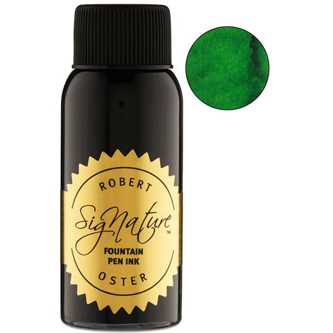 Ryde Green - 50ml bottle of Robert Oster Signature ink displayed with a bright green ink swatch, showcasing its vibrant dye-based color.
