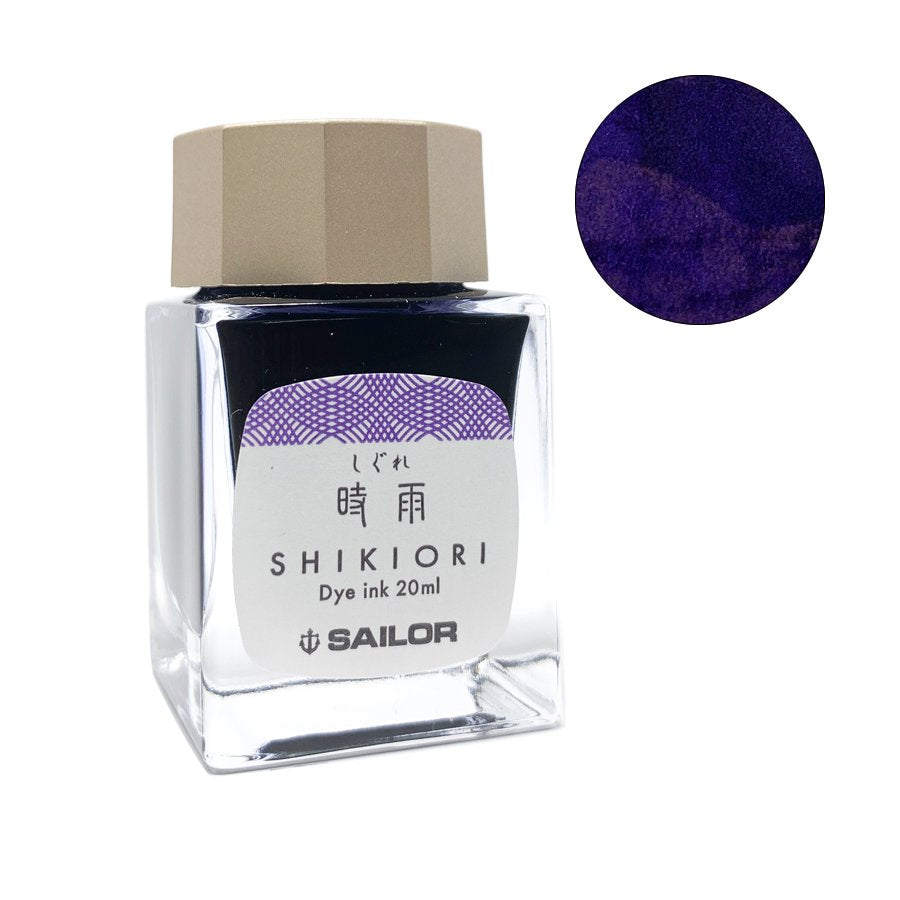 20ml glass bottle of Sailor Shikiori Shigure ink, part of the seasonal collection, featuring a compact design and Sailor branding, ideal for fountain pens.