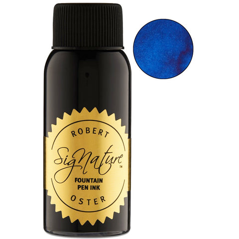 Robert Oster Signature “Soda Pop Blue” ink, 50ml bottle with gold-foil label, showcases a vibrant blue color in the round inset on the label.