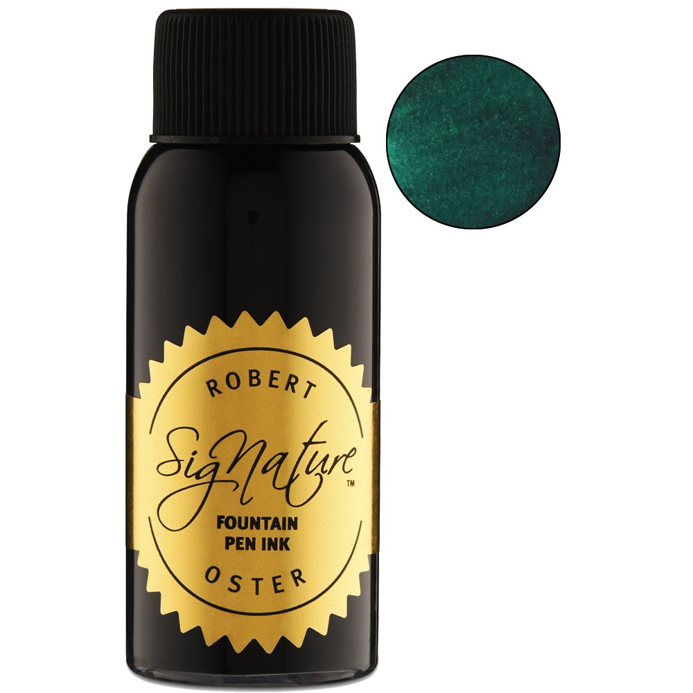 Robert Oster Signature Spearmint - 50ml fountain-pen ink bottle with a gold label, displayed alongside a circular swatch of its teal/green shade.