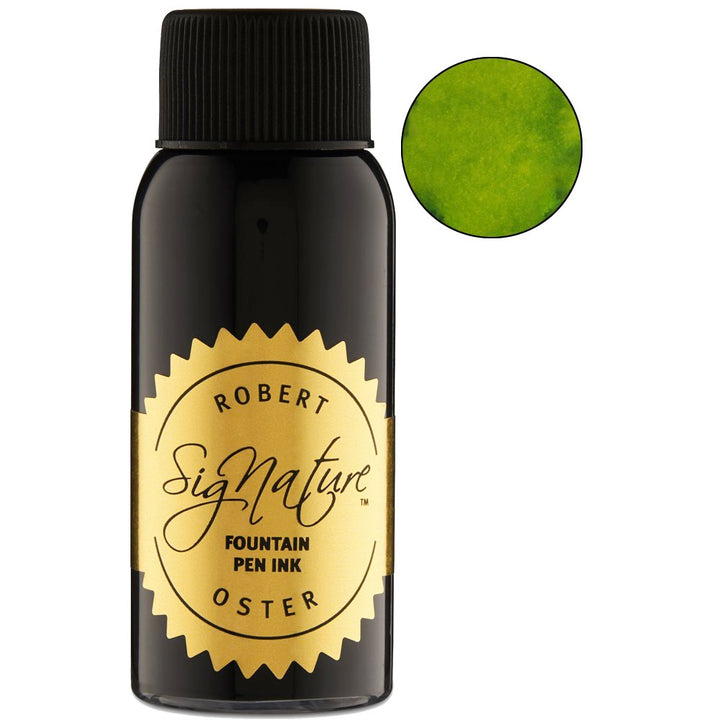 Robert Oster Signature Ink Sublime - 50ml black-glass bottle with gold label, shown with a circular swatch of bright grassy green ink.