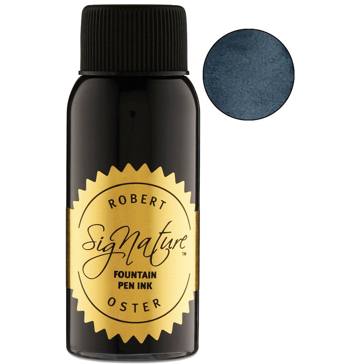Robert Oster Signature fountain-pen ink bottle, labeled Thunderstorm - 50ml, featuring a gold label and a circular swatch of muted slate-blue color in the corner.